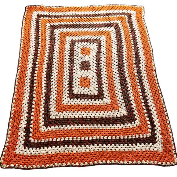 Vintage Crochet Afghan Blanket Beige Green Orange
